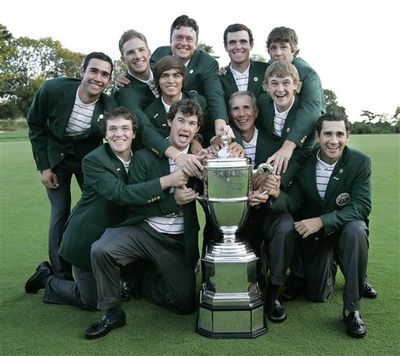 Members of the USA team pose with golf's Walker Cup during the trophy presentation Sunday, Sept. 13, 2009, at Merion Golf Club in Ardmore, Pa. USA defeated Great Britain and Ireland team for their third straight title.  (Mel Evans / AP Photo)