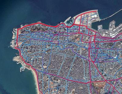 A portion of the Strava Labs heat map from Beirut, made by tracking activities. (Screenshot from labs.strava.com/heatmap/Washington Post)