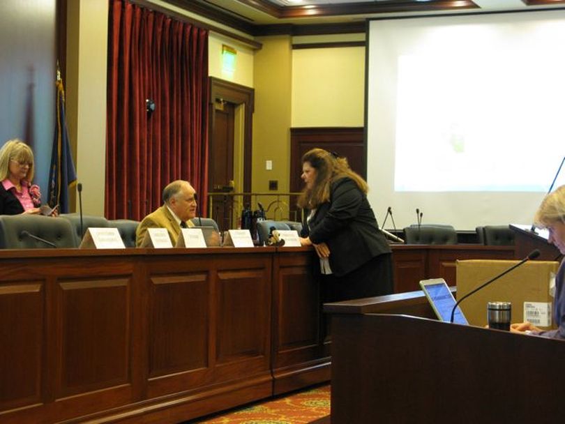 Redistricting commissioners Allen Andersen and Lorna Finman talk before the commission convenes on Tuesday morning. (Betsy Russell)