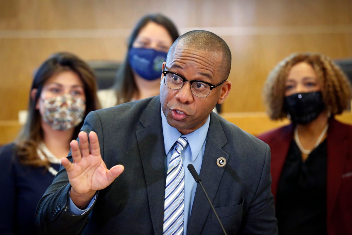 FILE — Houston Independent School District Superintendent Millard House II answers questions from the media, in Houston, May 21, 2021. In Houston, the largest district in Texas, enrollment tumbled by more than 22,000 to around 183,000 in fall 2021 and only about half of those students have returned. House has asked departments to cut $60 million from next year's budget.  (Steve Gonzales)