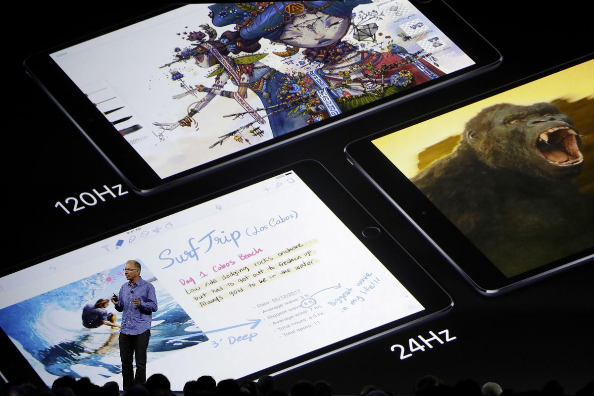 Apple’s Greg Joswiak speaks about the iPad Pro during an announcement of new products at the Apple Worldwide Developers Conference in San Jose, Calif., on Monday, June 5, 2017. (Associated Press)