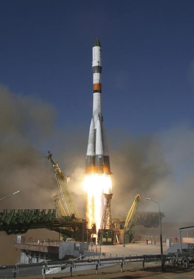 In this photo distributed by Roscosmos Space Agency Press Service, Russian cargo ship Souz 2,1A launches from Russia's main space facility in Baikonur, Kazakhstan, Saturday, Oct. 14, 2017. (Sergeev SN / Associated Press)