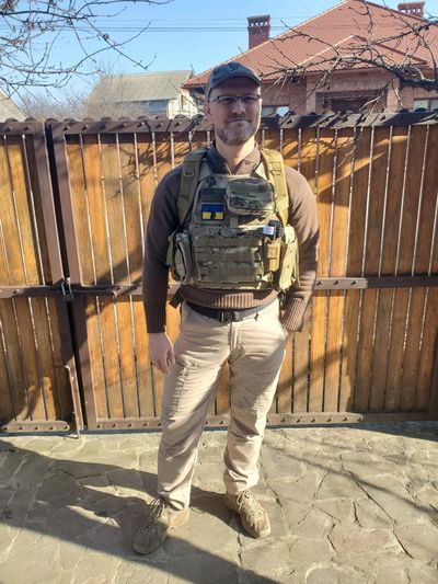 Washington Iraq War veteran Carl Larson arrived in Ukraine earlier this month to volunteer in the fight against Russian invaders. Larson, seen here in a town in western Ukraine, is with a small team of other veterans that hope to protect convoys.  (Courtesy of Carl Larson)