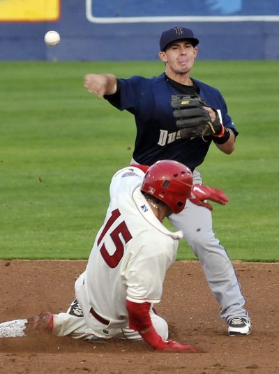 Spokane Indians' Joe Maloney tries to break up the double play, but Tri-City Dust Devils second baseman Zach Osborne gets the throw off in time Tuesday at Avista Stadium. (Jesse Tinsley)