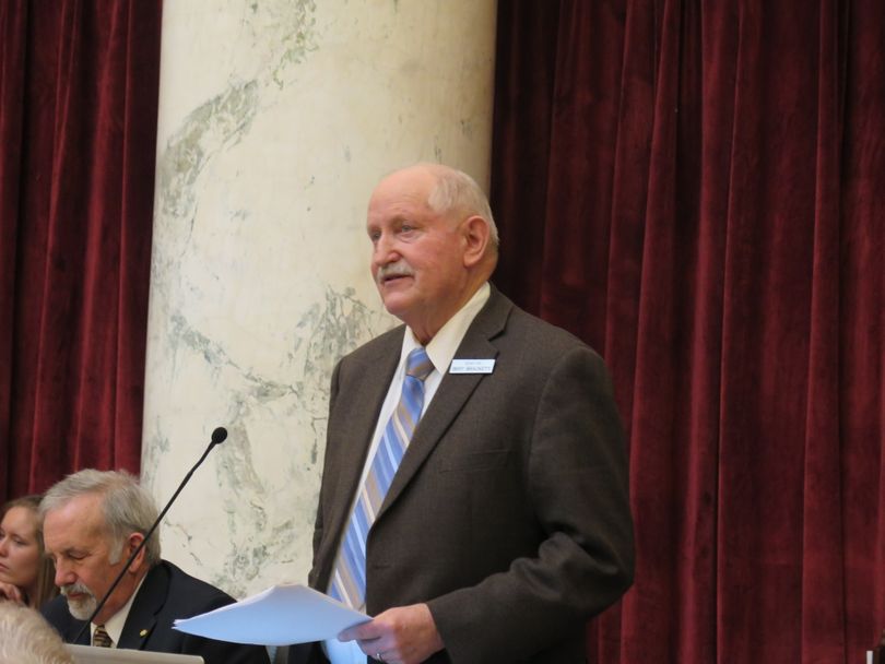 Sen. Bert Brackett, R-Rogerson, opens debate Tuesday in the Idaho Senate on SB 1206, the transportation funding bill. (Betsy Z. Russell)
