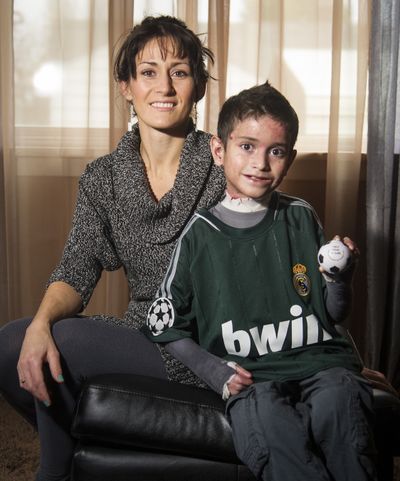 Saml Diaz, 8, has a rare genetic disorder. He joined a soccer team this year, but because of his disorder, can’t play much in the game. He and his mom, Allison Diaz, sold stress balls to help raise funds to find a cure. (Colin Mulvany)