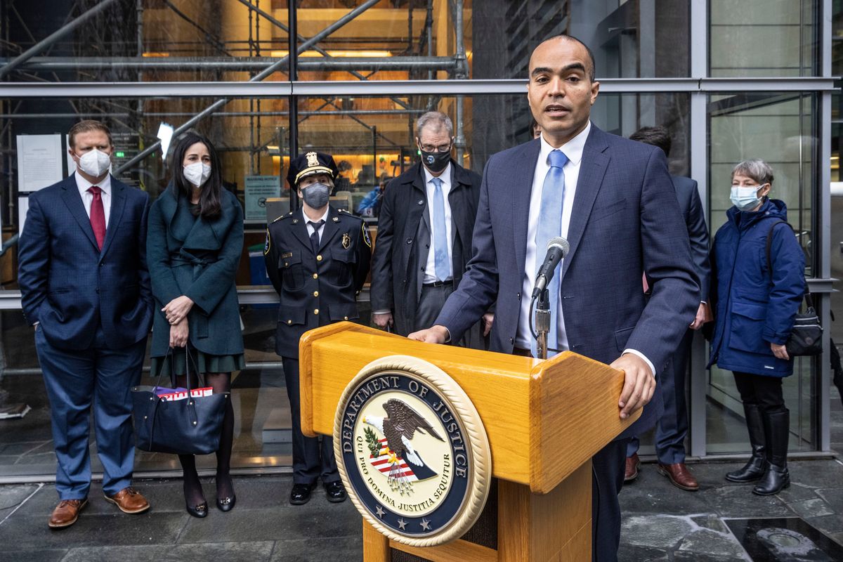 U.S. Attorney Nick Brown speaks on the steps of Federal Court, Tuesday in Seattle along with leadership from the FBI and Seattle Police Department about the Atomwaffen hate campaign following the sentencing of Kaleb Cole.  (Steve Ringman)