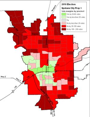 Computerized voting map of City Proposition 1 based on vote totals released 11/3/2010. (Jim Camden/Spokesman-Review)