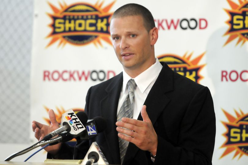Rob Keefe talks to the media after his announcement as the new coach of the Spokane Shock. (Jesse Tinsley / The Spokesman-Review)