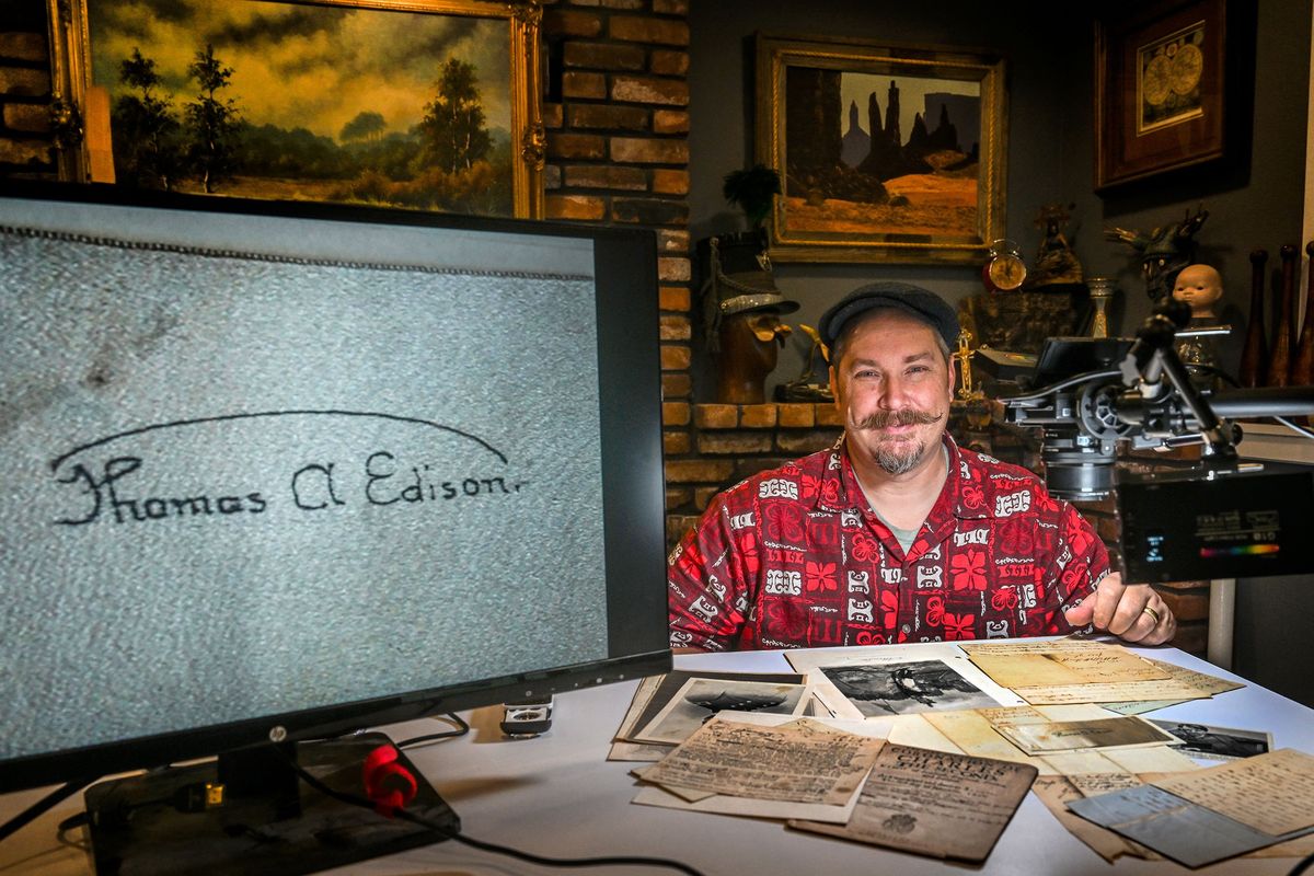 Antiques appraiser James Supp talks about appraisal of famous signatures and documents at his home in Coeur d’Alene on Thursday.  (Kathy Plonka/The Spokesman-Review)