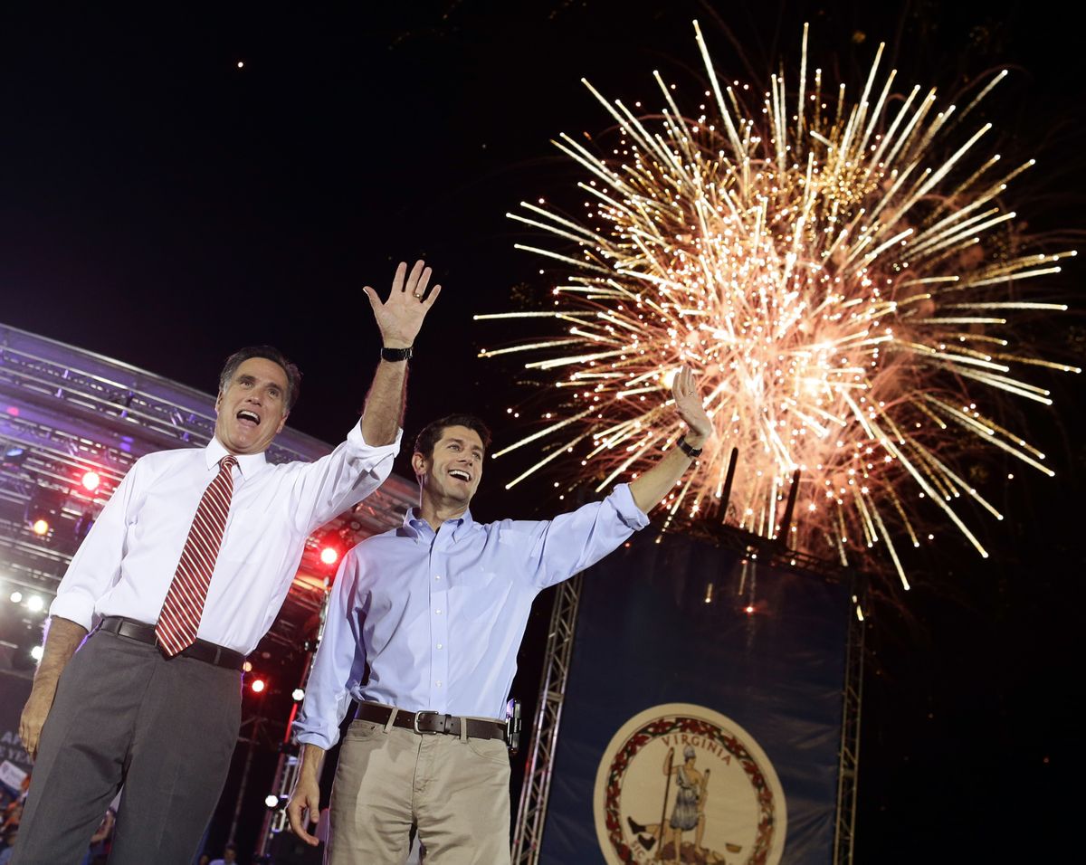 Republican presidential candidate and former Massachusetts Gov. Mitt Romney campaigns with vice presidential candidate Paul Ryan in Fishersville, Va., Thursday, Oct. 4, 2012. (Charles Dharapak / Associated Press)