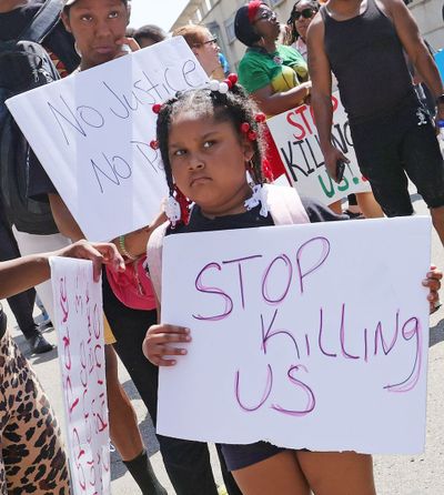 Protesters take to the streets of Akron demanding justice for Jayland Walker who was shot to death in a hail of bullets by eight Akron police officers after a car chase June 27.  (TRIBUNE NEWS SERVICE)