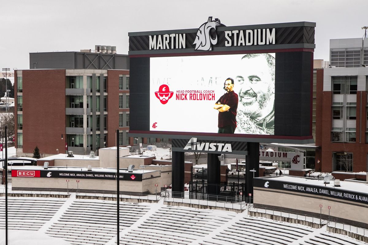 Washington State University's Martin Stadium displays a welcome message on the jumbotron and digital banners for new head football coach Nick Rolovich and his family following an introductory press conference at the stadium on Jan. 16, 2020. (Libby Kamrowski / The Spokesman-Review)