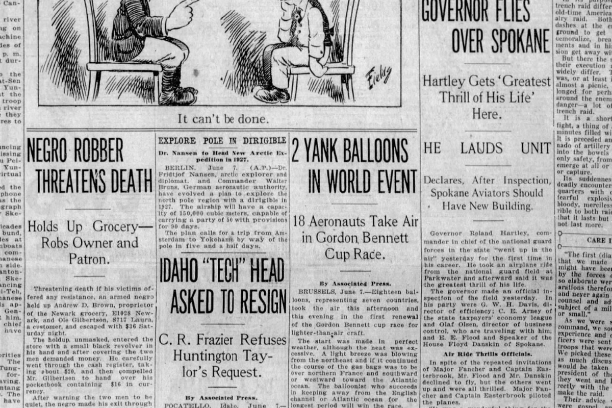 Gov. Roland Hartley got a bird’s eye view of Spokane when he went up in a Washington National Guard plane out of the Parkwater air field (today’s Felts Field), The Spokesman-Review reported on June 8, 1925. (Spokesman-Review archives)