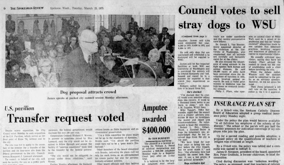 The Spokane City Council voted 4-3 in favor or a proposal to sell at least 500 stray dogs and an undetermined number of cats to Washington State University’s Veterinary Clinical Medicine and Surgery, The Spokesman-Review reported on March 25, 1975. (Spokesman-Review archives)