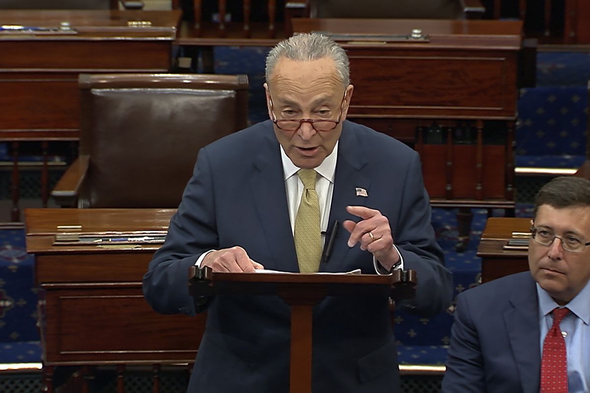 In this image from Senate Television, Senate Majority Leader Chuck Schumer of New York, speak on the Senate floor, Wednesday, May 25, 2022 at the Capitol in Washington. Schumer has quickly set in motion a pair of firearms background check bills in response to the school massacre in Texas. But the Democrat acknowledged Wednesday the refusal for years of Congress to pass any legislation aiming to curb a national epidemic of gun violence.  (HOGP)