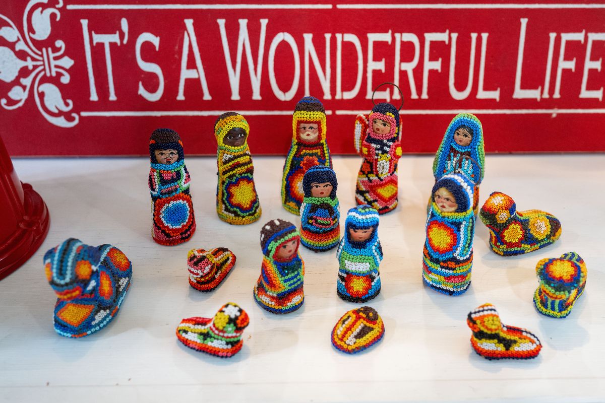 Rhonda Fischer purchases Nativities from all the places she travels. This one is a hand-beaded Nativity from her visit to the Mexican resort city of Puerto Vallarta.  (COLIN MULVANY /THE SPOKESMAN-REV)