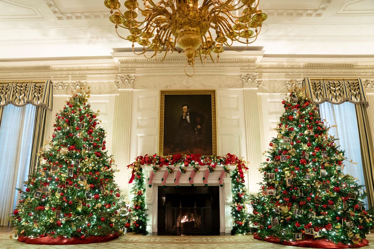 The State Dining Room of the White House is decorated for the holiday season during a press preview of the White House holiday decorations, Monday, Nov. 29, 2021, in Washington.  (Evan Vucci)