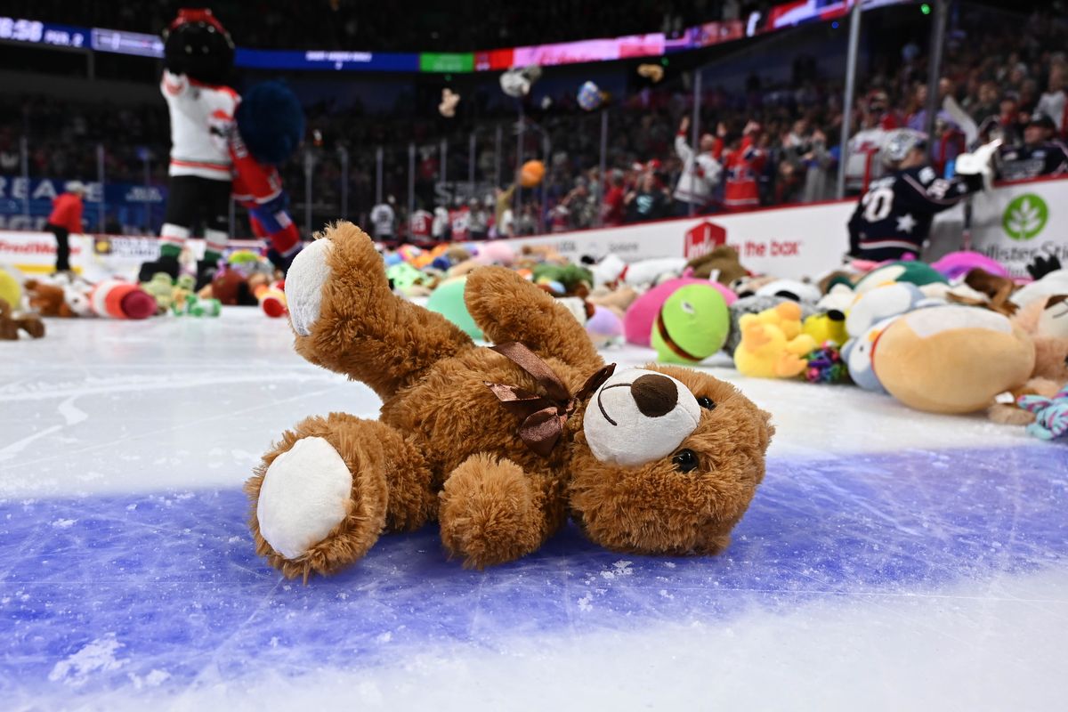 A teddy bear sits after a Spokane Chiefs goal Tri-City Americans in the second period of a WHL game on Saturday, Dec. 6, 2025, at Numerica Veterans Arena in Spokane, WA.  (James Snook/For The Spokeman-Review)