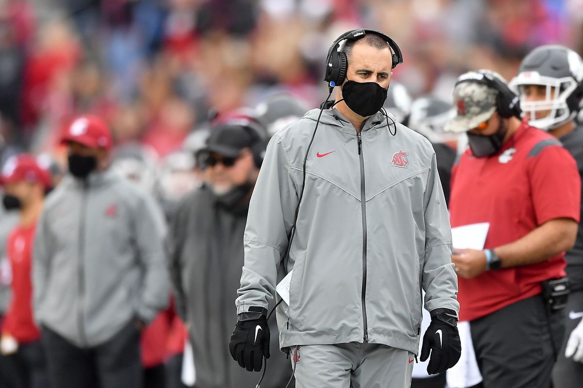 Washington State Cougars head coach Nick Rolovich reacts during the second half of a college football game on Saturday, Sep 18, 2021, at Martin Stadium in Pullman, Wash. USC won the game 45-14.  (Tyler Tjomsland/The Spokesman-Review)