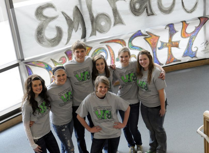 Members of the East Valley High School Washington Drug-Free Youth puppet troupe include from left, Cally King, Searra Cameron, Jon Merkel, Mickell Rigsby, Jessica Rabe, Morgan Hendricks and Kendall Bancroft. (J. Bart Rayniak)