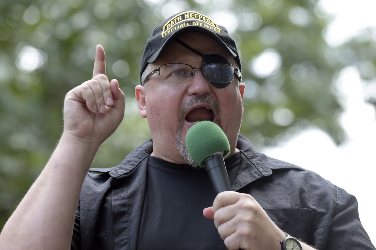 In this Sunday, June 25, 2017 photo, Stewart Rhodes, founder of the Oath Keepers, speaks during a rally outside the White House in Washington. Rhodes has been arrested and charged with seditious conspiracy in the Jan. 6 attack on the U.S. Capitol. The Justice Department announced the charges against Rhodes on Thursday.  (Susan Walsh)