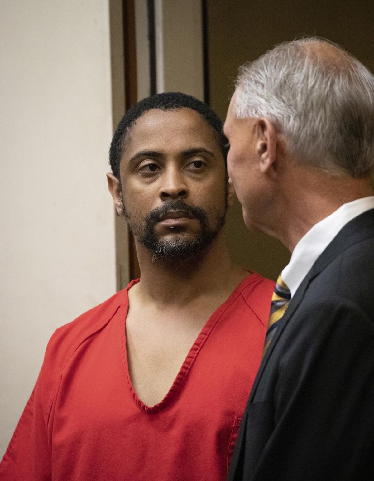 Isaiah J. Peoples appears for his arraignment in Santa Clara County Superior Court as his lawyer, Chuck Smith, stands at his side on Friday, April 26, 2019, in San Jose, Calif. The former U.S. Army sharpshooter Peoples is charged with eight counts of attempted murder after authorities say he deliberately plowed his car into pedestrians Tuesday. (Jim Gensheimer / Associated Press)
