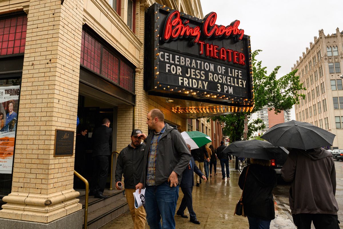 The Bing Crosby Theater was filled to capacity for the memorial of Spokane alpinist Jess Roskelley, Friday, May 17, 2019. (Colin Mulvany / The Spokesman-Review)