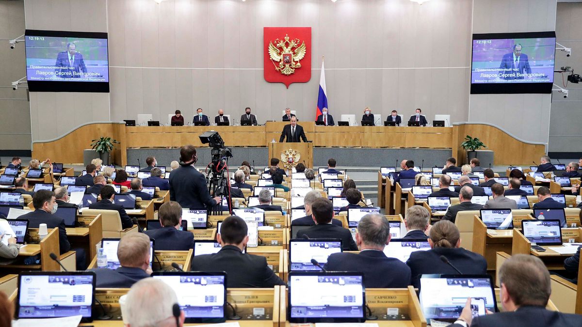 In this handout photo released by The State Duma, The Federal Assembly of The Russian Federation Press Service, Russian Foreign Minister Sergey Lavrov addresses the State Duma, the Lower House of the Russian Parliament in Moscow, Russia, Wednesday, Jan. 26, 2022. Lavrov said he and other top officials will advise President Vladimir Putin on the next steps after receiving written replies from the United States to the demands. Those answers are expected this week — even though the U.S. and its allies have already made clear they will reject the top Russian demands.  (HOGP)