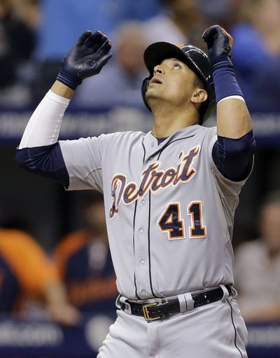 Detroit catcher Victor Martinez went 2 for 3 with a home run and five RBIs for the Tigers. (Associated Press)