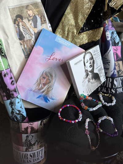 Brianna Reugh’s Taylor Swift collection includes numerous friendship bracelets and a sequined outfit she created herself to wear to the movie.  (Cynthia Reugh/For The Spokesman-Review)