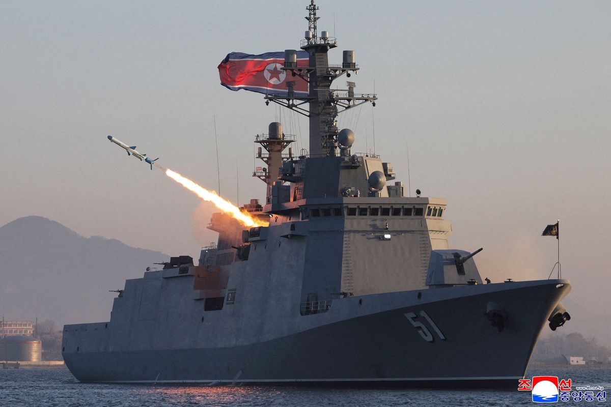 A missile is fired during a test-fire of strategic cruise missiles and anti-warship missiles from the destroyer Choe Hyon, North Korea, April 12, 2026, in this photo released by North Korea’s Korean Central News Agency, April 14, 2026. (Korean Central News Agency)