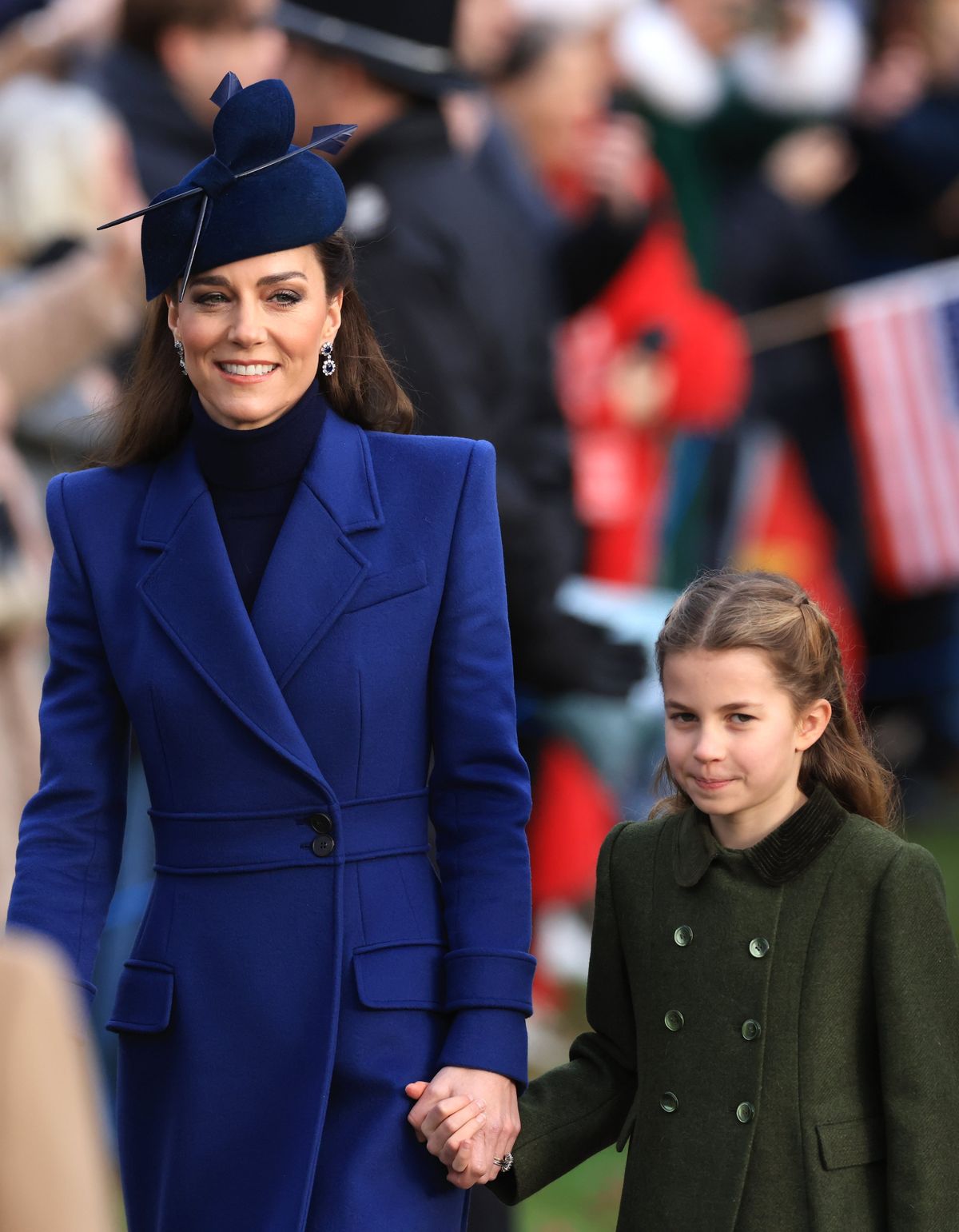 Catherine, Princess of Wales, left, and Princess Charlotte attend the Christmas morning service at Sandringham Church on Dec. 25 in Sandringham, Norfolk.  (Stephen Pond)