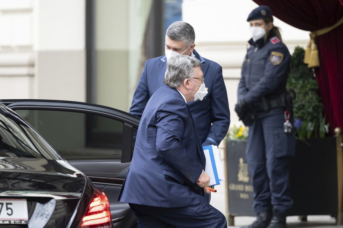 Russia's Governor to the International Atomic Energy Agency (IAEA), Mikhail Ulyanov, arrives at the Grand Hotel Wien where closed-door nuclear talks with Iran take place in Vienna, Austria, Tuesday, April 6, 2021. Foreign ministry officials from the countries still in the accord, the so-called Joint Comprehensive Plan of Action, are meeting in Vienna to push forward efforts to bring the United States back into the 2015 deal on Iran's nuclear program.  (Florian Schroetter)