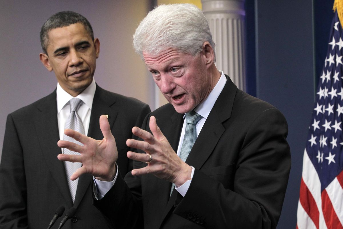 Left: President Barack Obama looks on as former President Bill Clinton speaks on behalf of Obama’s tax-cut deal in the White House on  Friday.  (Associated Press)