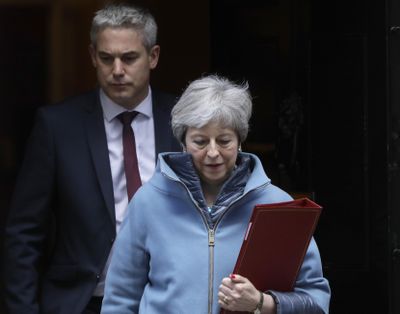 Britain's Prime Minister Theresa May and Brexit Secretary Stephen Barclay leave 10 Downing Street in London, Monday, March 25, 2019. (Kirsty Wigglesworth / associated press)