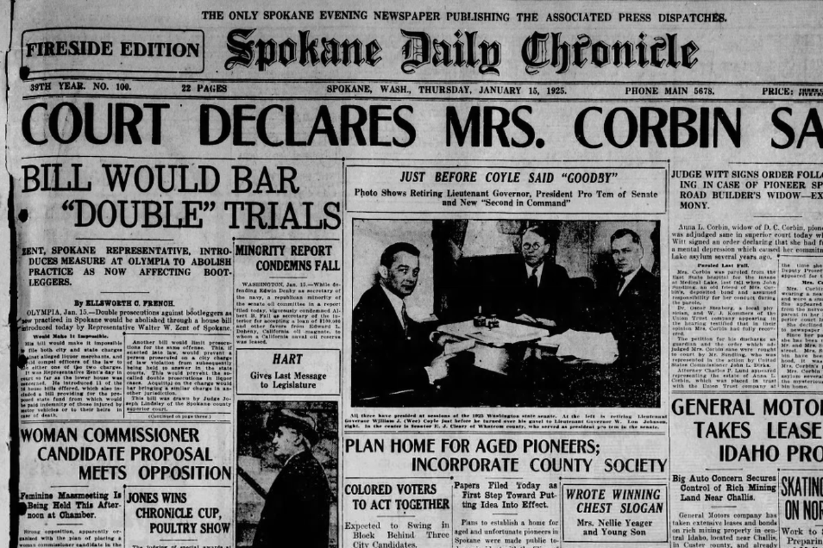 Anna Corbin, widow of railroad tycoon D.C. Corbin, was declared sane in Superior Court, which meant that she retained control of her considerable estate, the Spokane Daily Chronicle reported on Jan. 15, 1925.  (Spokesman-Review archives)
