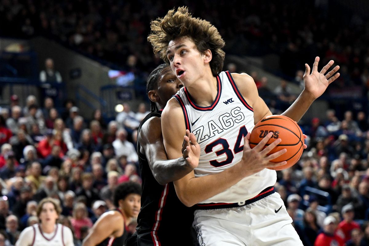 Gonzaga Bulldogs forward Braden Huff (34) heads to the basket against the Nicholls State Colonels during the first half of a college basketball game on Wednesday, Dec. 18, 2024, at McCarthey Athletic Center in Spokane, Wash.  (Tyler Tjomsland/The Spokesman-Review)