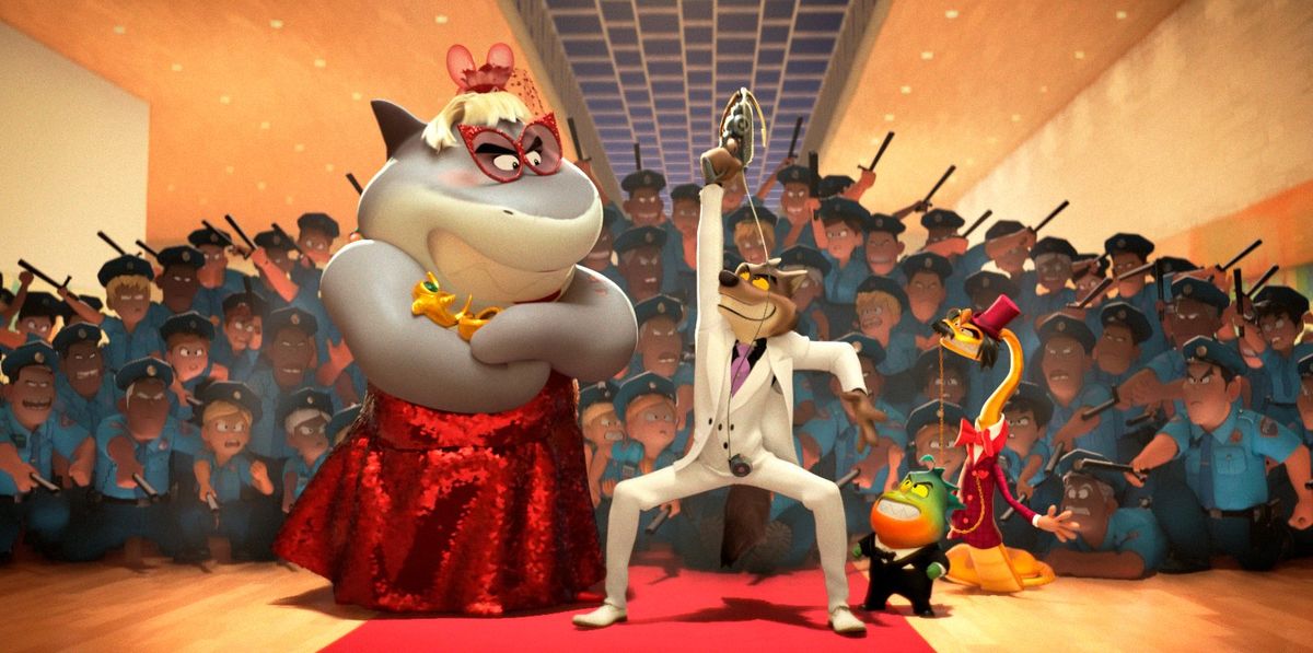 This image released by DreamWorks Animation shows animated characters, foreground from left, Shark, voiced by Craig Robinson, Wolf, voiced by Sam Rockwell, Piranha, voiced by Anthony Ramos and Snake, voiced by Marc Maron in "The Bad Guys."  (HONS)