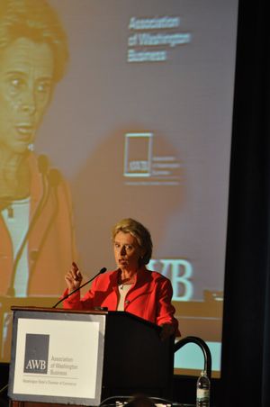 Gov. Chris Gregoire addresses the AWB "policy summit" at the Suncadia Lodge near Cle Elum on Wednesday, Sept. 21. (Jim Camden)