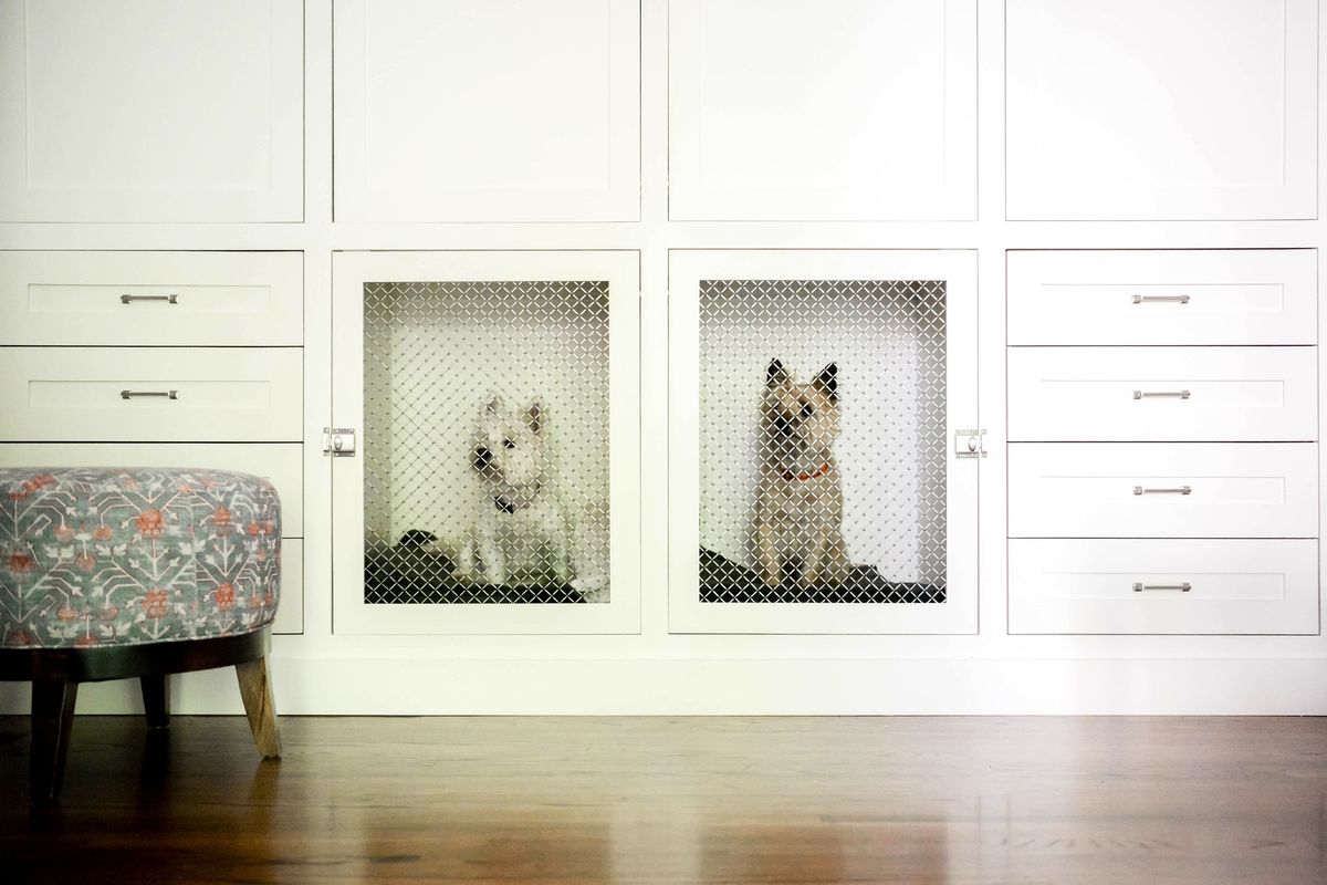 An undated photo by Kacey Gilpin of built-in dog crates that interior designer Mel Bean created for a client’s two Westies in the primary bedroom.  (Courtesy KACEY GILPIN)