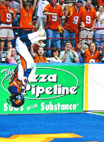 Spokane Shock fans are head over heels for receiver Raul Vijil, an area product and second-year player.
(Liz Kishimoto / The Spokesman-Review)