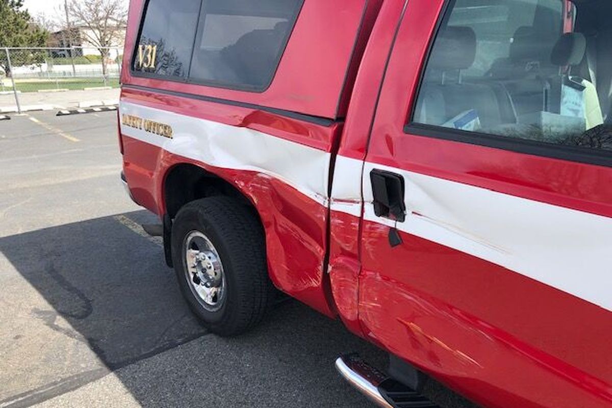 Damage is shown on a Spokane Valley Fire Department vehicle. The department is urging drivers to yield to first responders during emergencies.  (Courtesy of Spokane Valley Fire Department)