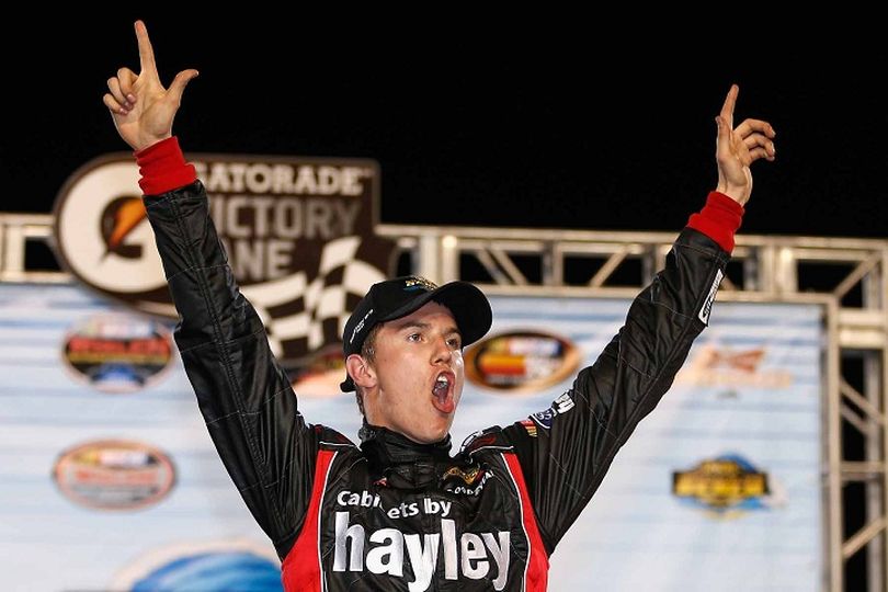 Cameron Haley celebrates his K&N Pro Series victory. (Photo Credit: Getty Images for NASCAR) (Todd Warshaw / Nascar)