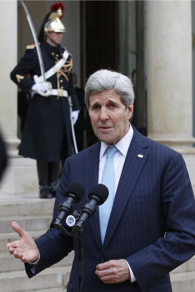 U.S. Secretary of State John Kerry delivers a statement at the Elysee Palace after his meeting with French President Francois Hollande in Paris on Tuesday.