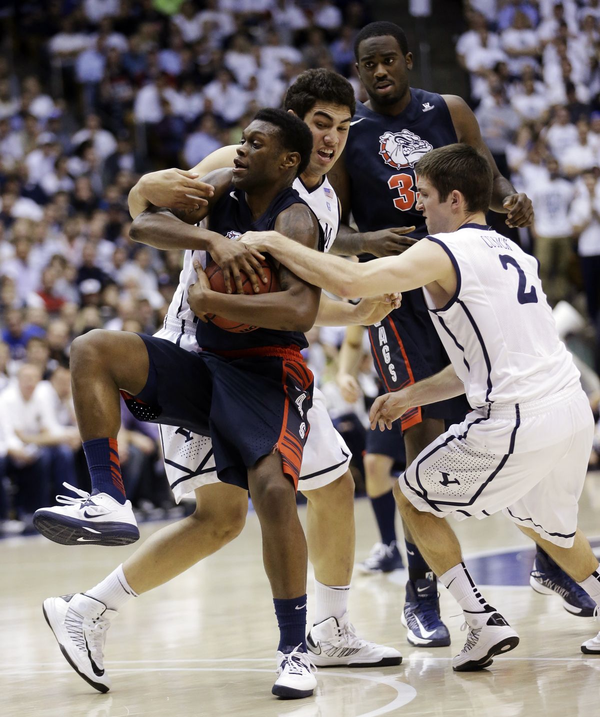 GU’s Gary Bell Jr. is fouled during the win over BYU. (Associated Press)