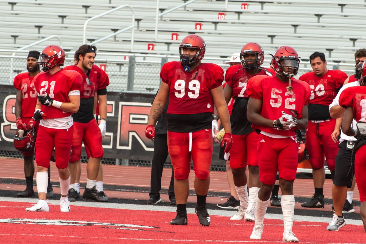 Jay-Tee Tiluli of EWU takes the field during a preseason scrimmage on Aug. 18, 2018 in Cheney, Wash. Tiuli is listed as a starter at nose tackle on the preseason depth chart. (Libby Kamrowski / The Spokesman-Review)