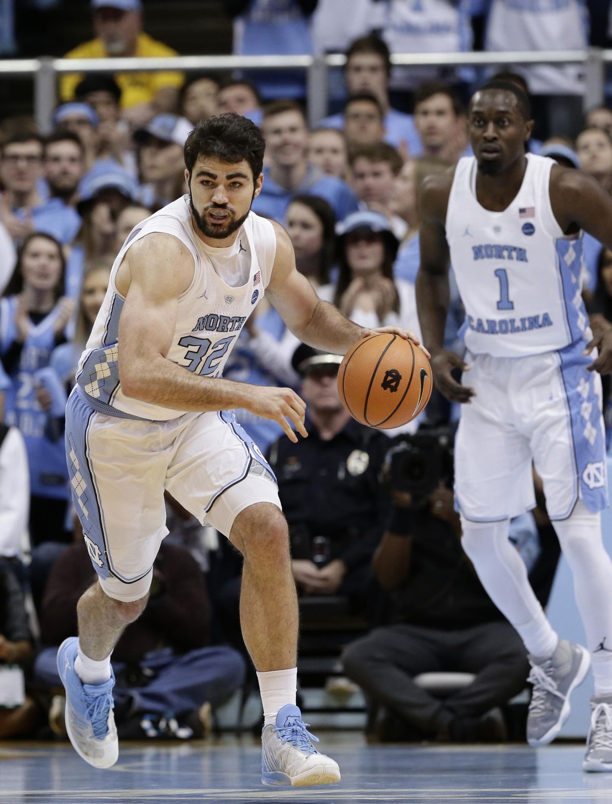 North Carolina’s Luke Maye  dribbles against Miami during the first half  in Chapel Hill, N.C., on  Feb. 27. (Gerry Broome / AP)