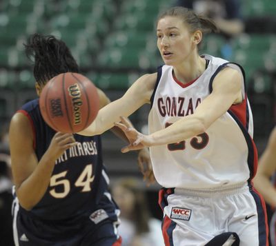 Katelan Redmon, who scored 17 points for Gonzaga, throws an outlet pass to start the fast break during the Bulldogs’ 72-46 victory over Saint Mary’s in the WCC women’s championship game in Las Vegas on Monday. (Christopher Anderson)