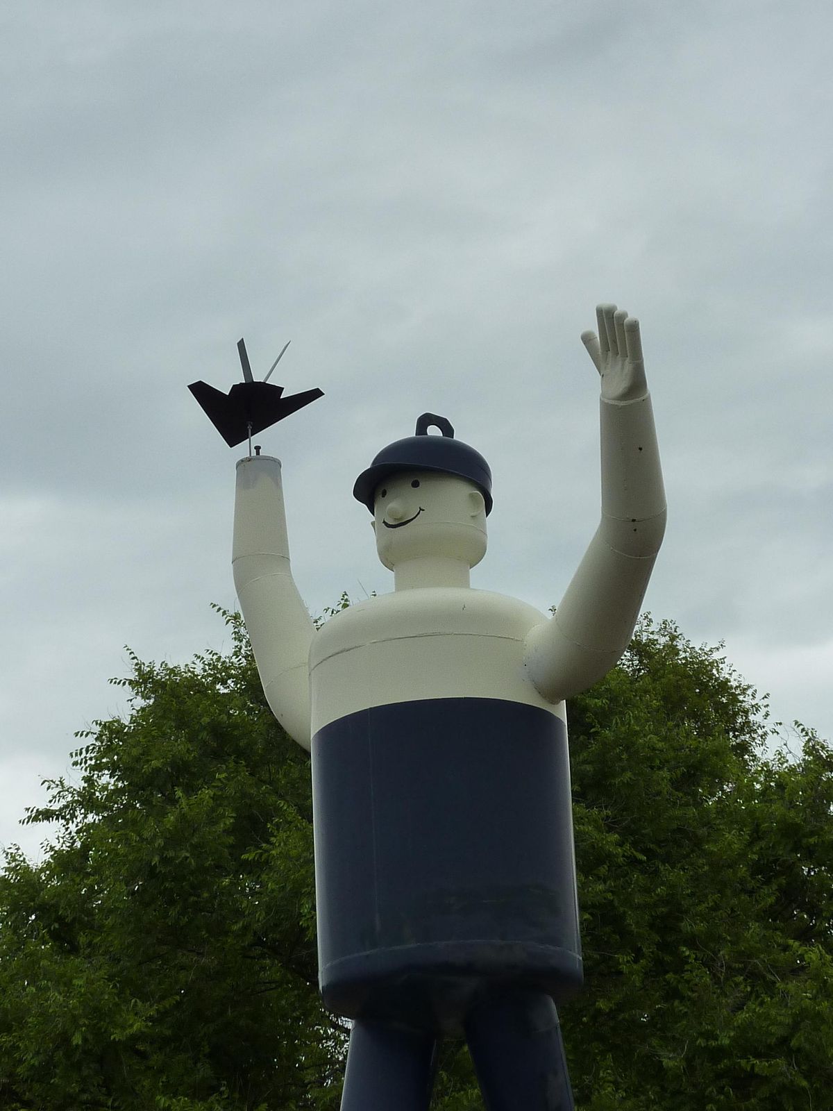 A 16-foot tall steel figure that stands on a pedestal in Spokane’s West Central neighborhood has been fitted with a model of a fighter plane on its right arm. Known as Boris Borzum, the figure is oriented toward the flight path into Spokane International Airport and Fairchild Air Force Base.